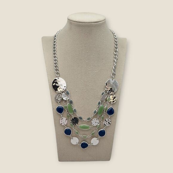 Blue Green Silver Tone Multi Strand Disc Statement Necklace – Layered Boho Chic - Picture 2 of 7